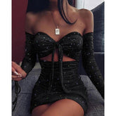 Off Shoulder Glitter Dress Front Lace Up Hollow Out Ruchech Party Dress Stretchy Glittering Sexy Dresses Bodycon Vestidos
